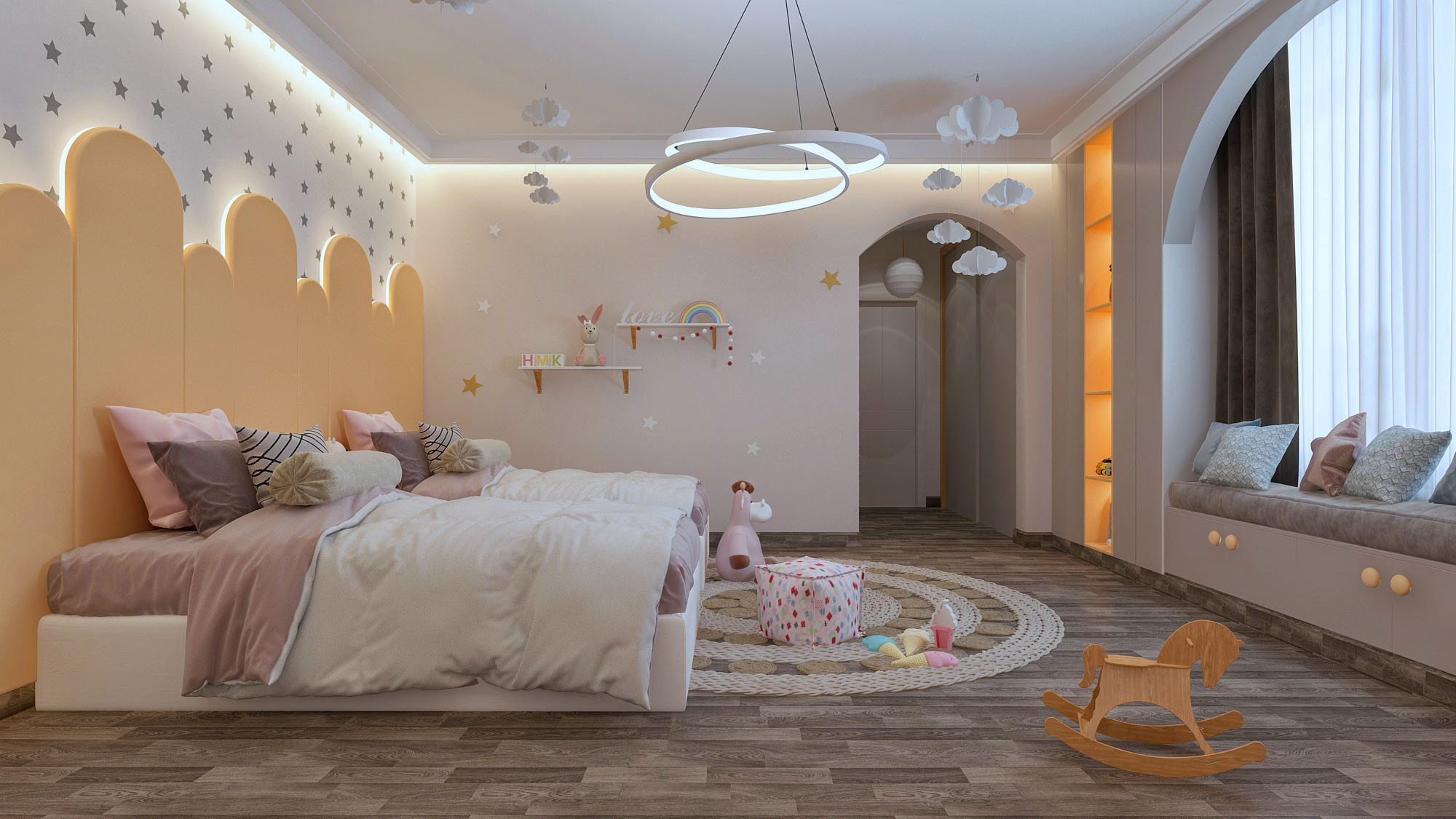 Hedendaagse architectuur, wit gevelhuis met houten accenten bij nacht, verlichte ramen.