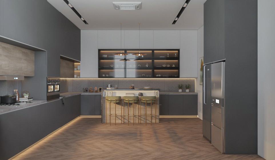 Hedendaagse architectuur, wit gevelhuis met houten accenten bij nacht, verlichte ramen.
