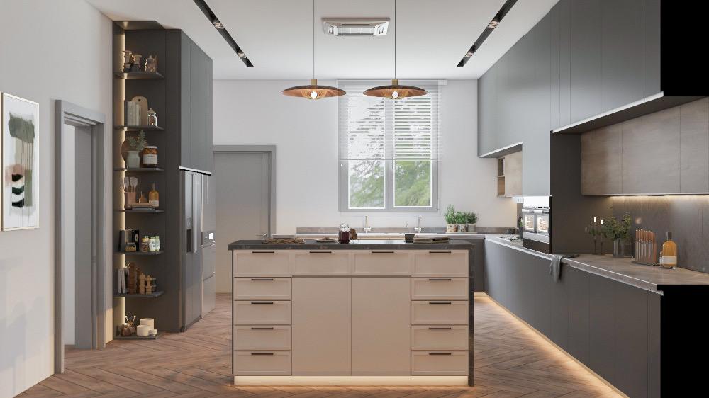 Hedendaagse architectuur, wit gevelhuis met houten accenten bij nacht, verlichte ramen.